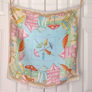 Gorgeous TALBOTS Beach Cabana Umbrella SCARF 100% Silk Pink Blue Yellow Summer